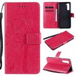 For OnePlus Nord Tree & Cat Pattern Pressed Printing Horizontal Flip PU Leather Case with Holder & Card Slots & Wallet & Lanyard(Rose Red)