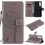 For OnePlus Nord Tree & Cat Pattern Pressed Printing Horizontal Flip PU Leather Case with Holder & Card Slots & Wallet & Lanyard(Grey)