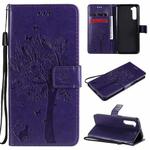 For OnePlus Nord Tree & Cat Pattern Pressed Printing Horizontal Flip PU Leather Case with Holder & Card Slots & Wallet & Lanyard(Purple)