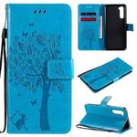 For OnePlus Nord Tree & Cat Pattern Pressed Printing Horizontal Flip PU Leather Case with Holder & Card Slots & Wallet & Lanyard(Blue)