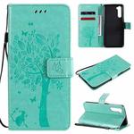 For OnePlus Nord Tree & Cat Pattern Pressed Printing Horizontal Flip PU Leather Case with Holder & Card Slots & Wallet & Lanyard(Green)