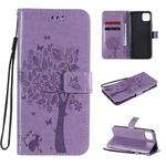 For OPPO Realme C11 Tree & Cat Embossed Pattern Horizontal Flip Leather Case with Holder & Card Slots & Wallet & Lanyard(Light Purple)