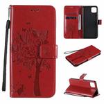 For OPPO Realme C11 Tree & Cat Embossed Pattern Horizontal Flip Leather Case with Holder & Card Slots & Wallet & Lanyard(Red)