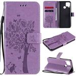 For OPPO Realme C12 / C15 Tree & Cat Embossed Pattern Horizontal Flip Leather Case with Holder & Card Slots & Wallet & Lanyard(Light Purple)