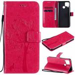 For OPPO Realme C12 / C15 Tree & Cat Embossed Pattern Horizontal Flip Leather Case with Holder & Card Slots & Wallet & Lanyard(Rose Red)