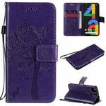 For Google Pixel 4a 4G Tree & Cat Embossed Pattern Horizontal Flip Leather Case with Holder & Card Slots & Wallet & Lanyard(Purple)