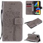 For Google Pixel 4a 4G Tree & Cat Embossed Pattern Horizontal Flip Leather Case with Holder & Card Slots & Wallet & Lanyard(Grey)