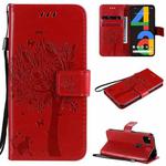 For Google Pixel 4a 4G Tree & Cat Embossed Pattern Horizontal Flip Leather Case with Holder & Card Slots & Wallet & Lanyard(Red)