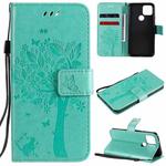 For Google Pixel 5 Tree & Cat Embossed Pattern Horizontal Flip Leather Case with Holder & Card Slots & Wallet & Lanyard(Green)