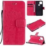 For Google Pixel 5 Tree & Cat Embossed Pattern Horizontal Flip Leather Case with Holder & Card Slots & Wallet & Lanyard(Rose Red)