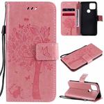 For Google Pixel 5 Tree & Cat Embossed Pattern Horizontal Flip Leather Case with Holder & Card Slots & Wallet & Lanyard(Pink)
