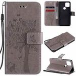 For Google Pixel 5 Tree & Cat Embossed Pattern Horizontal Flip Leather Case with Holder & Card Slots & Wallet & Lanyard(Grey)