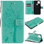 For Google Pixel 4a 5G / Pixel 5 XL Tree & Cat Embossed Pattern Horizontal Flip Leather Case with Holder & Card Slots & Wallet & Lanyard(Green)