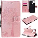 For Google Pixel 4a 5G / Pixel 5 XL Tree & Cat Embossed Pattern Horizontal Flip Leather Case with Holder & Card Slots & Wallet & Lanyard(Rose Gold)