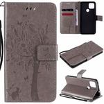 For Google Pixel 4a 5G / Pixel 5 XL Tree & Cat Embossed Pattern Horizontal Flip Leather Case with Holder & Card Slots & Wallet & Lanyard(Grey)