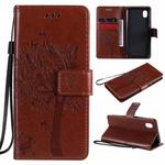 For Samsung Galaxy A01 Core Tree & Cat Pattern Pressed Printing Horizontal Flip PU Leather Case with Holder & Card Slots & Wallet & Lanyard(Coffee)