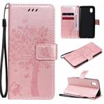 For Samsung Galaxy A01 Core Tree & Cat Pattern Pressed Printing Horizontal Flip PU Leather Case with Holder & Card Slots & Wallet & Lanyard(Rose Gold)