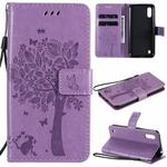 For Samsung Galaxy M01 Tree & Cat Pattern Pressed Printing Horizontal Flip PU Leather Case with Holder & Card Slots & Wallet & Lanyard(Light Purple)