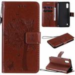 For Samsung Galaxy M01 Tree & Cat Pattern Pressed Printing Horizontal Flip PU Leather Case with Holder & Card Slots & Wallet & Lanyard(Coffee)