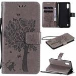 For Samsung Galaxy M01 Tree & Cat Pattern Pressed Printing Horizontal Flip PU Leather Case with Holder & Card Slots & Wallet & Lanyard(Gray)