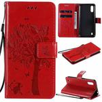 For Samsung Galaxy M01 Tree & Cat Pattern Pressed Printing Horizontal Flip PU Leather Case with Holder & Card Slots & Wallet & Lanyard(Red)