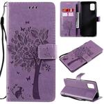 For Samsung Galaxy M51 Tree & Cat Pattern Pressed Printing Horizontal Flip PU Leather Case with Holder & Card Slots & Wallet & Lanyard(Light Purple)