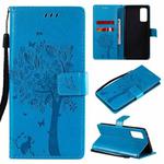 For Samsung Galaxy S20 FE 5G / S20 Lite Tree & Cat Pattern Pressed Printing Horizontal Flip PU Leather Case with Holder & Card Slots & Wallet & Lanyard(Blue)