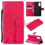 For Samsung Galaxy S20 FE 5G / S20 Lite Tree & Cat Pattern Pressed Printing Horizontal Flip PU Leather Case with Holder & Card Slots & Wallet & Lanyard(Rose Red)