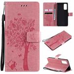 For Samsung Galaxy S20 FE 5G / S20 Lite Tree & Cat Pattern Pressed Printing Horizontal Flip PU Leather Case with Holder & Card Slots & Wallet & Lanyard(Pink)