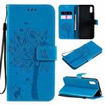For Xiaomi Redmi 9A Tree & Cat Pattern Pressed Printing Horizontal Flip PU Leather Case with Holder & Card Slots & Wallet & Lanyard(Blue)