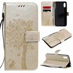 For Xiaomi Redmi 9A Tree & Cat Pattern Pressed Printing Horizontal Flip PU Leather Case with Holder & Card Slots & Wallet & Lanyard(Gold)