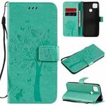 For Xiaomi Redmi 9C Tree & Cat Pattern Pressed Printing Horizontal Flip PU Leather Case with Holder & Card Slots & Wallet & Lanyard(Green)