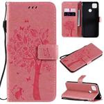 For Xiaomi Redmi 9C Tree & Cat Pattern Pressed Printing Horizontal Flip PU Leather Case with Holder & Card Slots & Wallet & Lanyard(Pink)