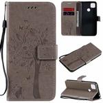 For Xiaomi Redmi 9C Tree & Cat Pattern Pressed Printing Horizontal Flip PU Leather Case with Holder & Card Slots & Wallet & Lanyard(Gray)