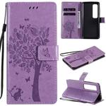 For Xiaomi Mi 10 Ultra Tree & Cat Pattern Pressed Printing Horizontal Flip PU Leather Case with Holder & Card Slots & Wallet & Lanyard(Light Purple)