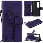 For Xiaomi Mi 10 Ultra Tree & Cat Pattern Pressed Printing Horizontal Flip PU Leather Case with Holder & Card Slots & Wallet & Lanyard(Purple)