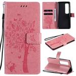 For Xiaomi Mi 10 Ultra Tree & Cat Pattern Pressed Printing Horizontal Flip PU Leather Case with Holder & Card Slots & Wallet & Lanyard(Pink)