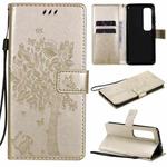 For Xiaomi Mi 10 Ultra Tree & Cat Pattern Pressed Printing Horizontal Flip PU Leather Case with Holder & Card Slots & Wallet & Lanyard(Gold)
