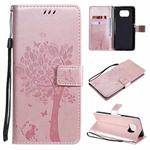 For Xiaomi Poco X3 NFC Tree & Cat Pattern Pressed Printing Horizontal Flip PU Leather Case with Holder & Card Slots & Wallet & Lanyard(Rose Gold)