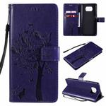 For Xiaomi Poco X3 NFC Tree & Cat Pattern Pressed Printing Horizontal Flip PU Leather Case with Holder & Card Slots & Wallet & Lanyard(Purple)