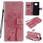 For Xiaomi Poco X3 NFC Tree & Cat Pattern Pressed Printing Horizontal Flip PU Leather Case with Holder & Card Slots & Wallet & Lanyard(Pink)