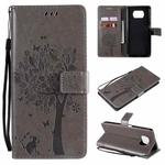 For Xiaomi Poco X3 NFC Tree & Cat Pattern Pressed Printing Horizontal Flip PU Leather Case with Holder & Card Slots & Wallet & Lanyard(Gray)