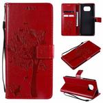 For Xiaomi Poco X3 NFC Tree & Cat Pattern Pressed Printing Horizontal Flip PU Leather Case with Holder & Card Slots & Wallet & Lanyard(Red)