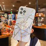 For iPhone 11 Splicing Marble Pattern Gilding TPU Protective Case with Foldable Holder (Grey White)