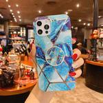 For iPhone 12 Splicing Marble Pattern Gilding TPU Protective Case with Foldable Holder(Blue)