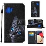 For Samsung Galaxy A02s  US VersionCross Texture Painting Pattern Horizontal Flip Leather Case with Holder & Card Slots & Wallet & Lanyard(Blue Butterfly Cat Eyes)