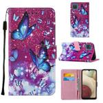 For Samsung Galaxy A12 Cross Texture Painting Pattern Horizontal Flip Leather Case with Holder & Card Slots & Wallet & Lanyard(Purple Butterflies)