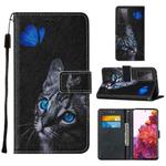 For Samsung Galaxy S30 Ultra Cross Texture Painting Pattern Horizontal Flip Leather Case with Holder & Card Slots & Wallet & Lanyard(Blue Butterfly Cat Eyes)