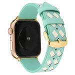 For Apple Watch Ultra 49mm / Series 8&7 45mm / SE 2&6&SE&5&4 44mm / 3&2&1 42mm Woven Pattern Genuine Leather Strap(Green White)