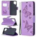 For Samsung Galaxy A12 Two Butterflies Embossing Pattern Horizontal Flip Leather Case with Holder & Card Slot & Wallet & Lanyard(Purple)